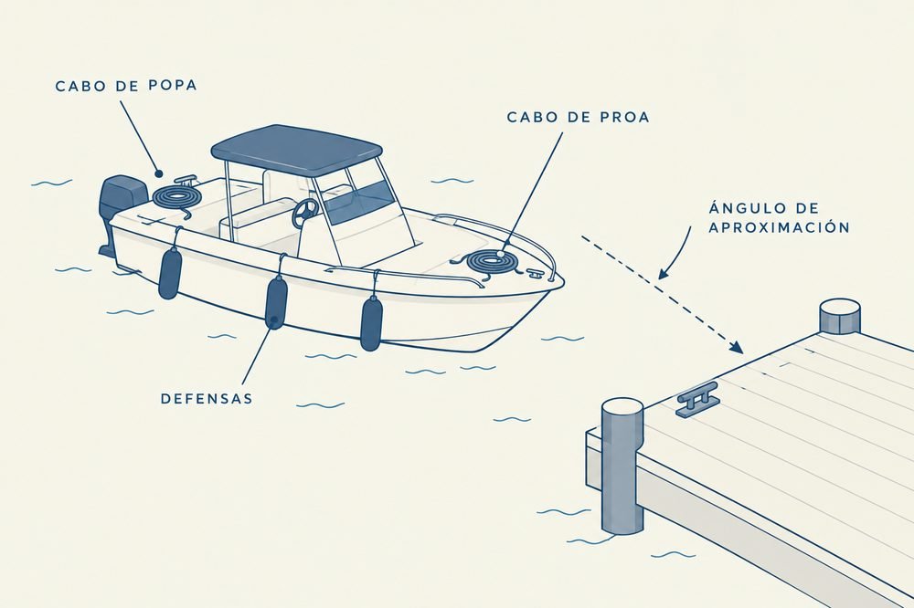 Maniobra de atraque mostrando defensas, cabos de proa y popa preparados, y el ángulo de aproximación al muelle
