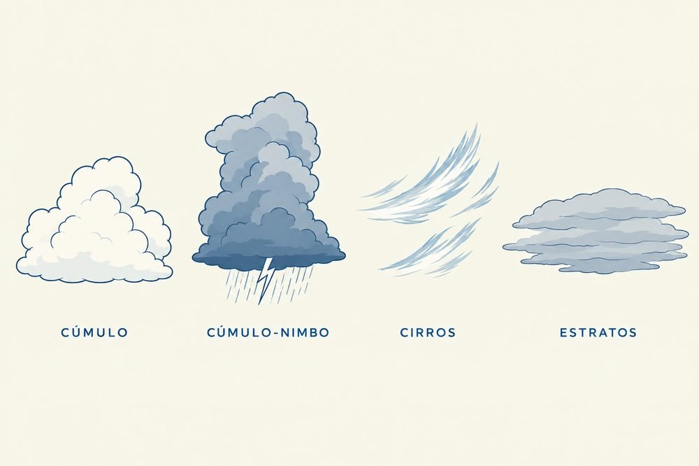 Cuatro tipos de nubes: cúmulo, cúmulo-nimbo, cirros y estratos